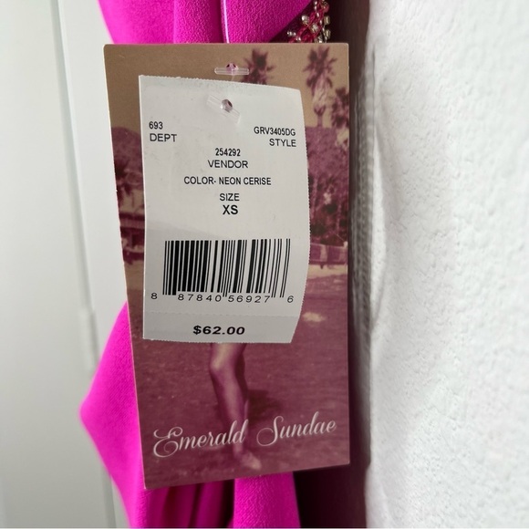 Emerald Sundae Sleeveless HighNeck Rhinestone Fringe Back Dress Neon Pink XS NWT - Picture 14 of 15